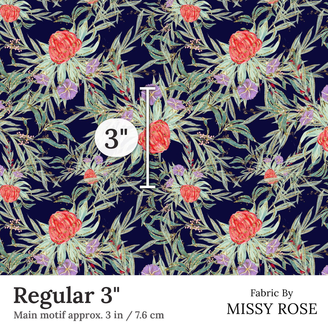 Design 250 Navy Australian Flowers Fabric Regular 3 inch print scale guide | Fabric by Missy Rose