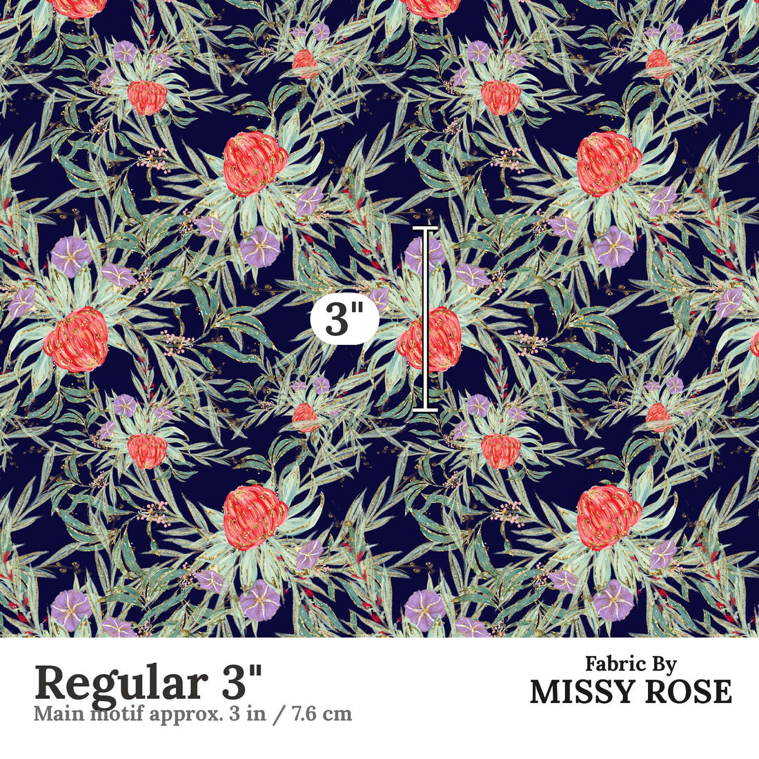 Design 250 Navy Australian Flowers Fabric Regular 3" - print scale | Fabric by Missy Rose
