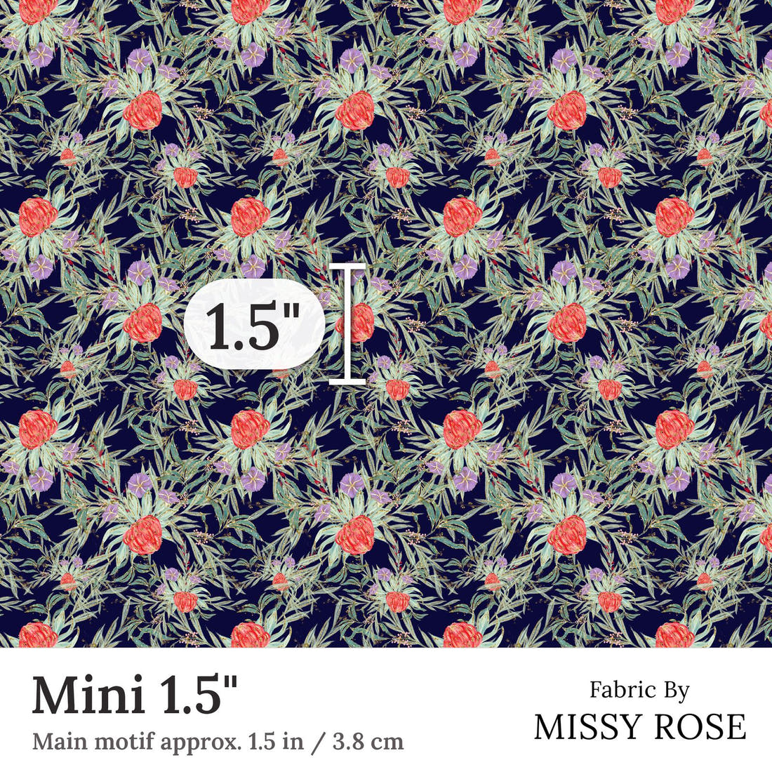 Design 250 Navy Australian Flowers Fabric Mini 1.5 inch print scale guide | Fabric by Missy Rose