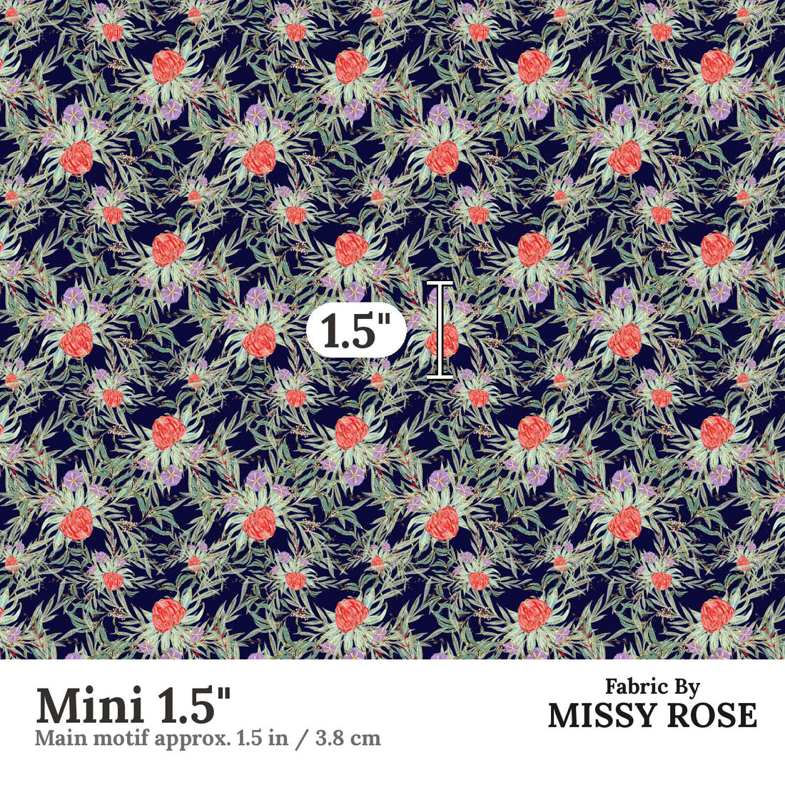 Design 250 Navy Australian Flowers Fabric Mini 1.5" - print scale | Fabric by Missy Rose