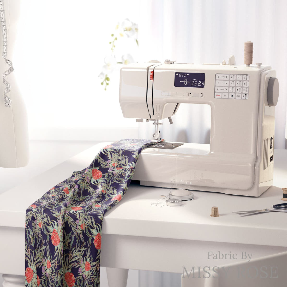 Design 250 Navy Australian Flowers Fabric on a sewing machine – premium fabric for sewing projects | Fabric by Missy Rose