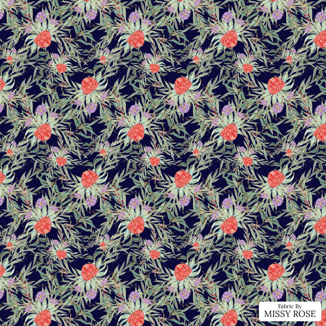 Design 250 Navy Australian Flowers Fabric - flat view of the print, zoom in for detail | Fabric by Missy Rose