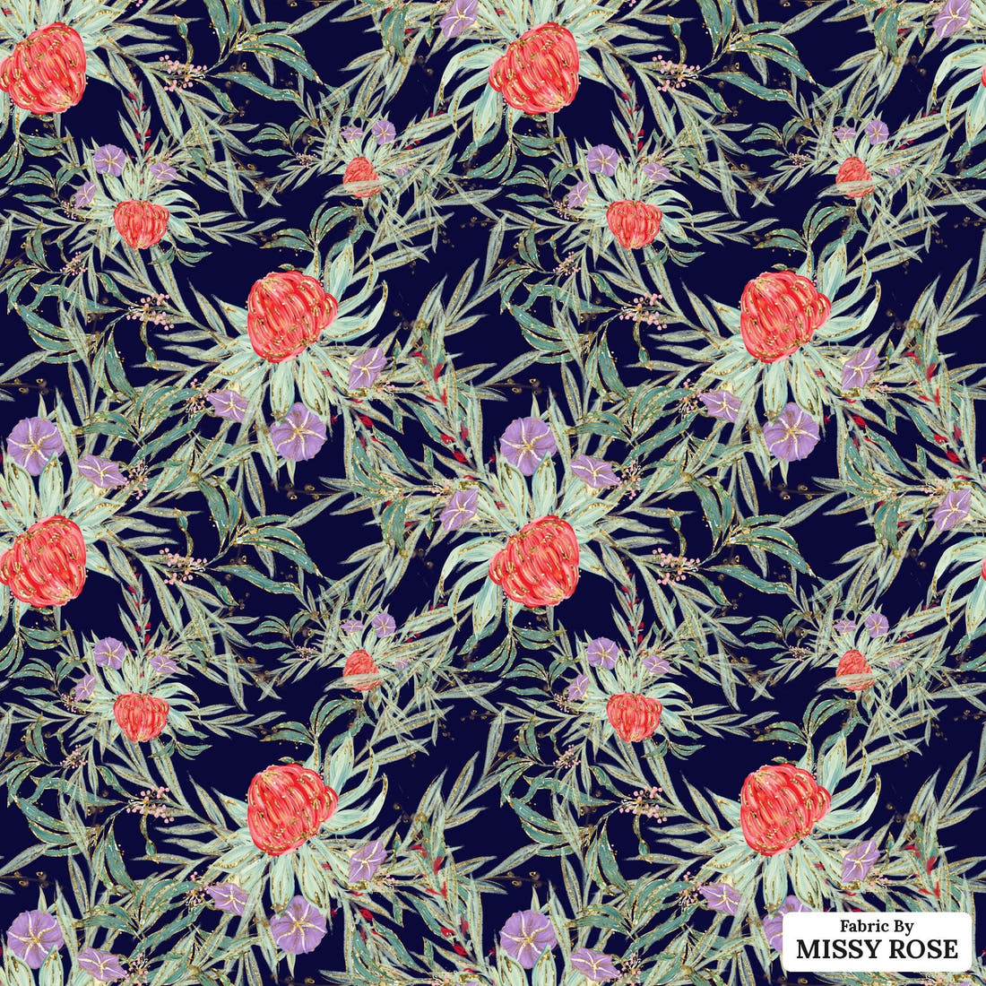 Design 250 Navy Australian Flowers Fabric - flat view of the print, zoom in for detail | Fabric by Missy Rose