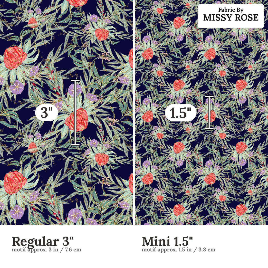 Design 250 Navy Australian Flowers Fabric size comparison - print scale | Fabric by Missy Rose