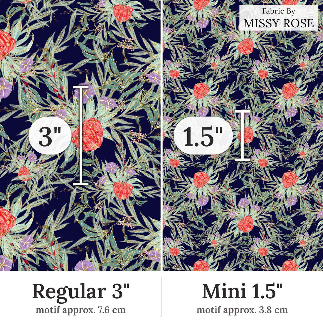 Design 250 Navy Australian Flowers Fabric Regular 3 inch vs Mini 1.5 inch print scale side by side | Fabric by Missy Rose