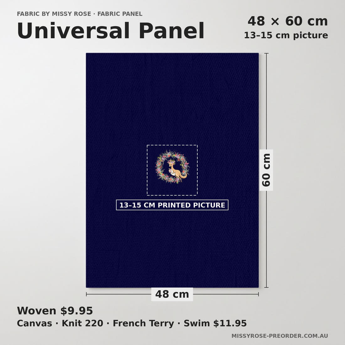 Design 250 Navy Australian Flowers Panel universal panel sizing – 13–15 cm printed picture on 48 × 60 cm fabric | Fabric by Missy Rose