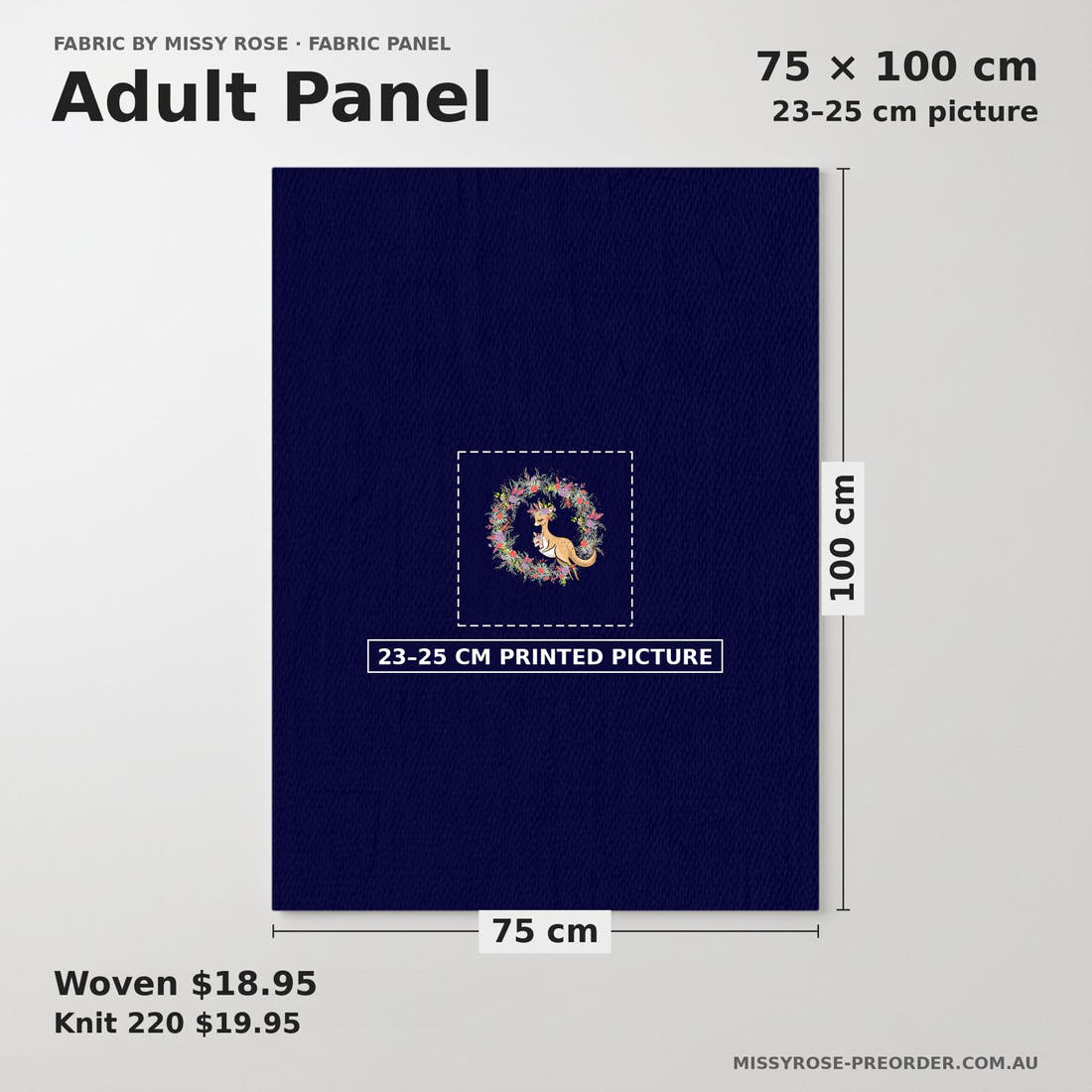 Design 250 Navy Australian Flowers Panel adult panel sizing – 23–25 cm printed picture on 75 × 100 cm fabric | Fabric by Missy Rose