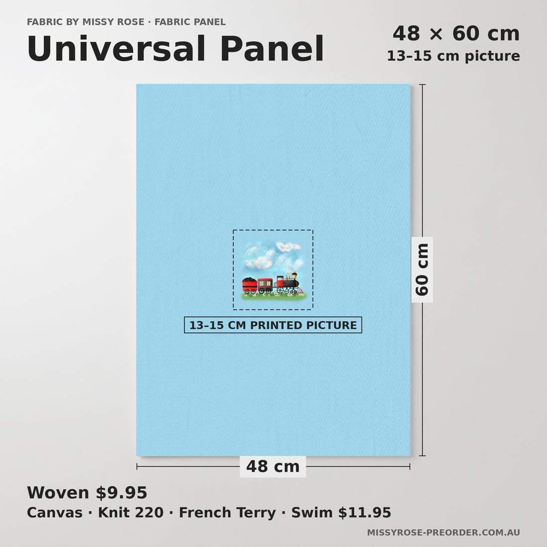 Design 251 Train Panel universal panel sizing – 13–15 cm printed picture on 48 × 60 cm fabric | Fabric by Missy Rose