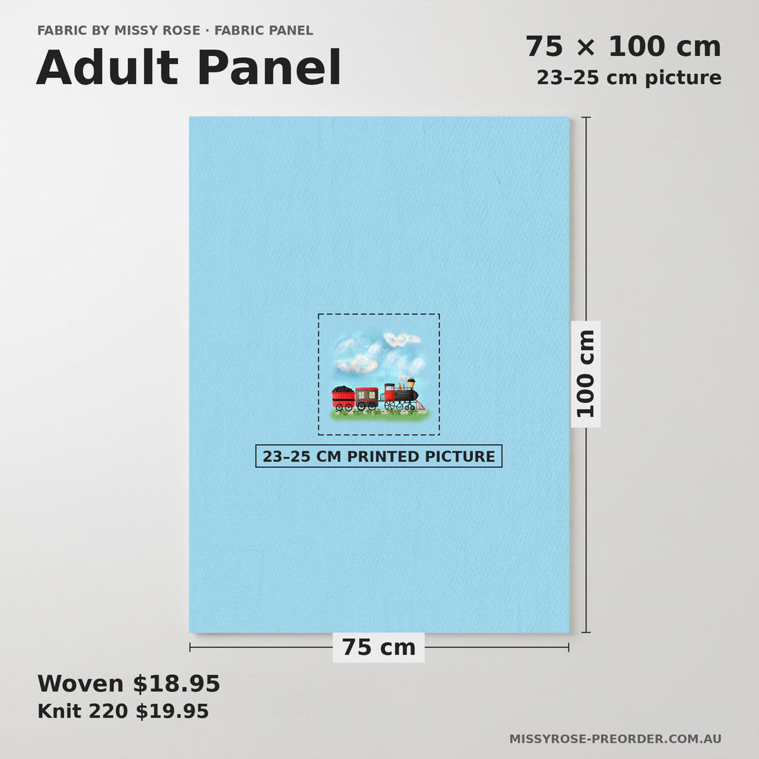 Design 251 Train Panel adult panel sizing – 23–25 cm printed picture on 75 × 100 cm fabric | Fabric by Missy Rose