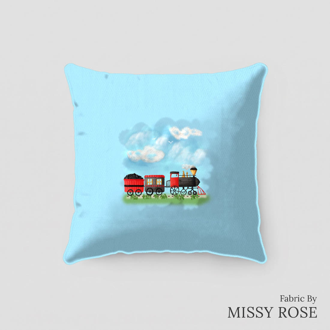 Design 251 Train Panel sewn into a cushion – see how the panel looks made up | Fabric by Missy Rose