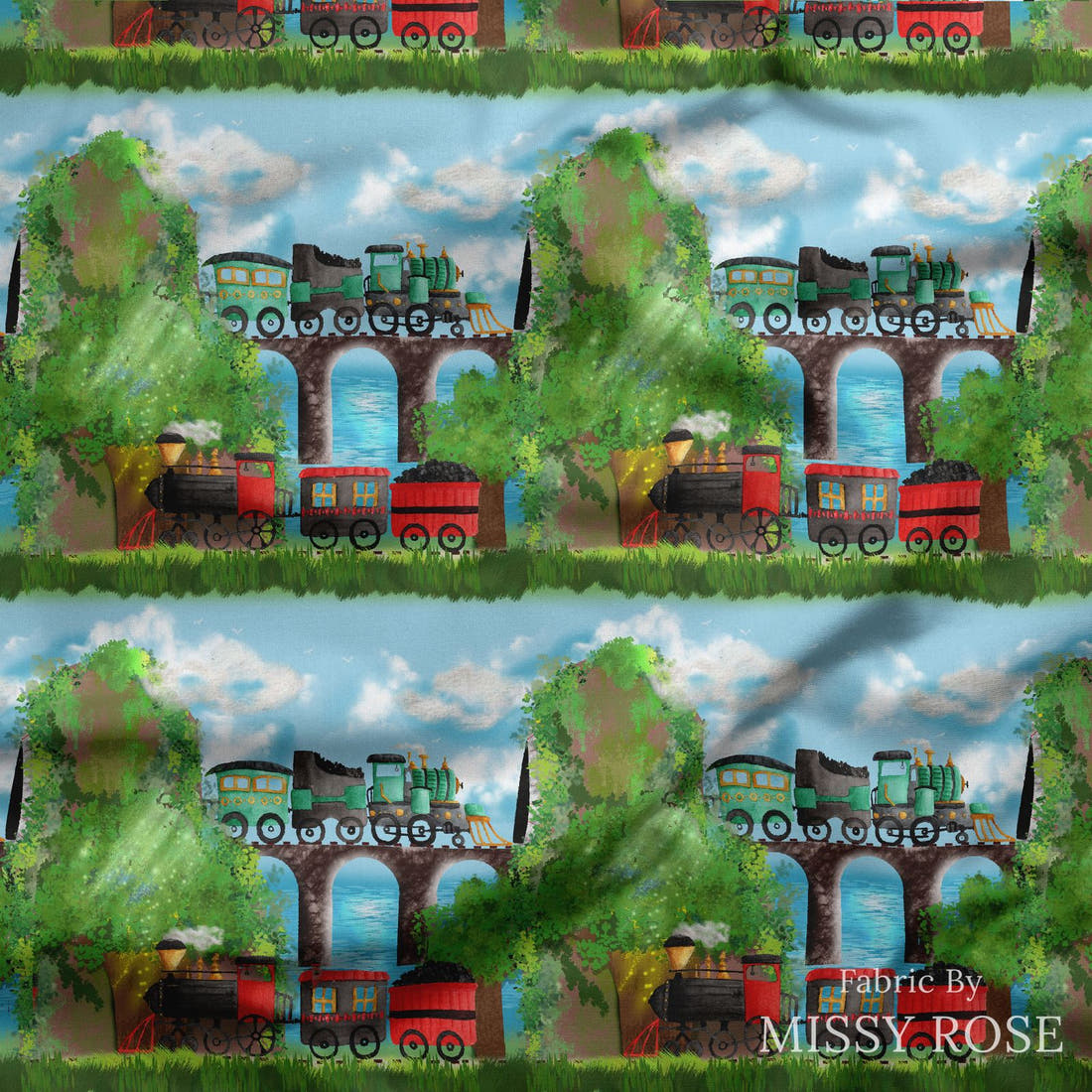 Design 251 Train Fabric draped fabric mockup – custom printed fabric by the metre | Fabric by Missy Rose