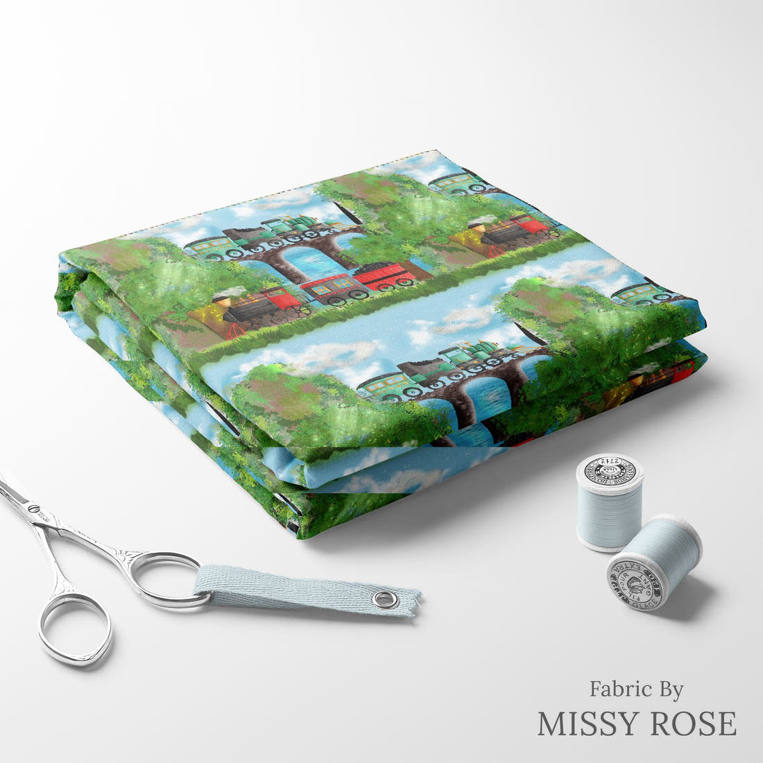 Design 251 Train Fabric folded fabric stack with matching thread – pre-order fabric Australia | Fabric by Missy Rose