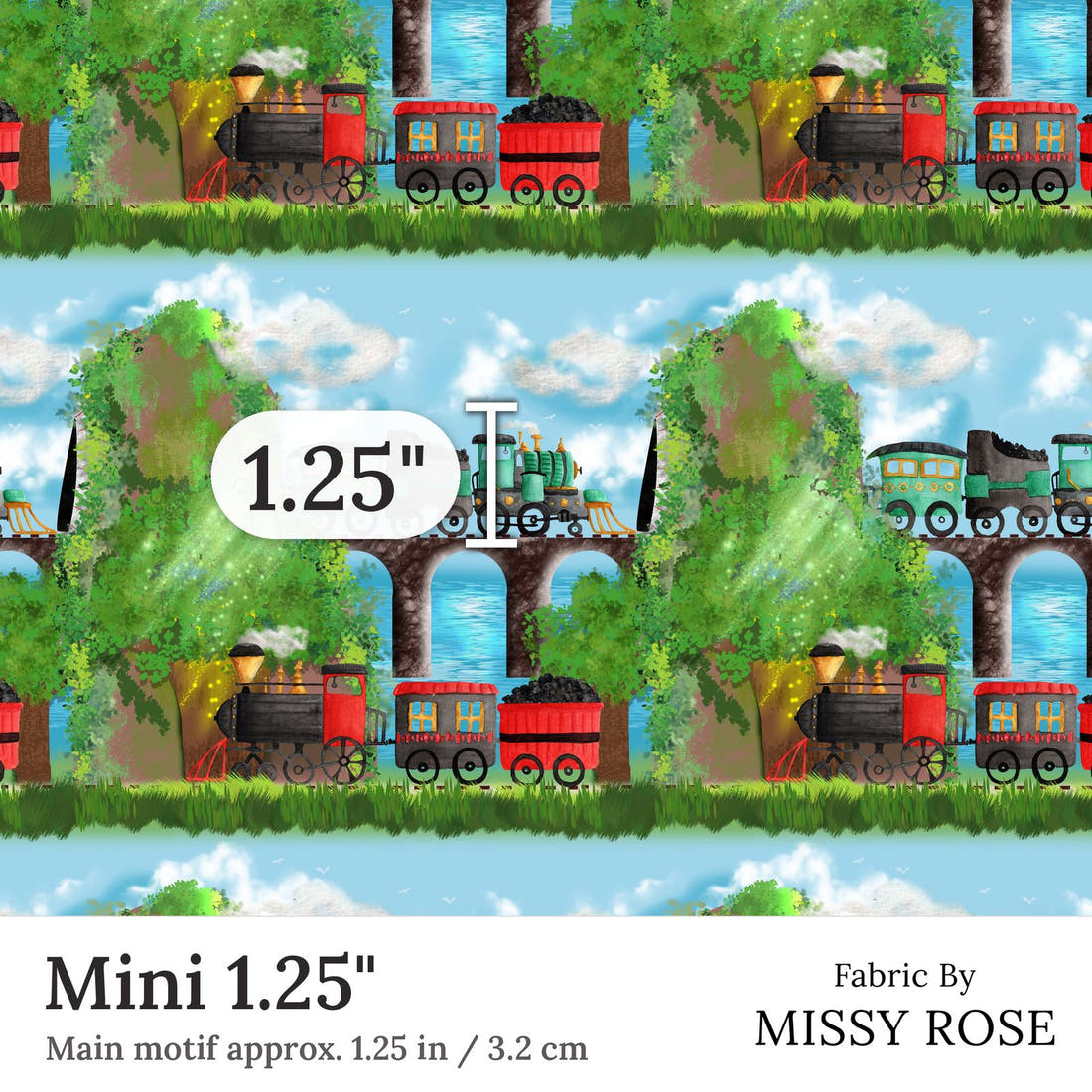 Design 251 Train Fabric Mini 1.25 inch print scale guide | Fabric by Missy Rose