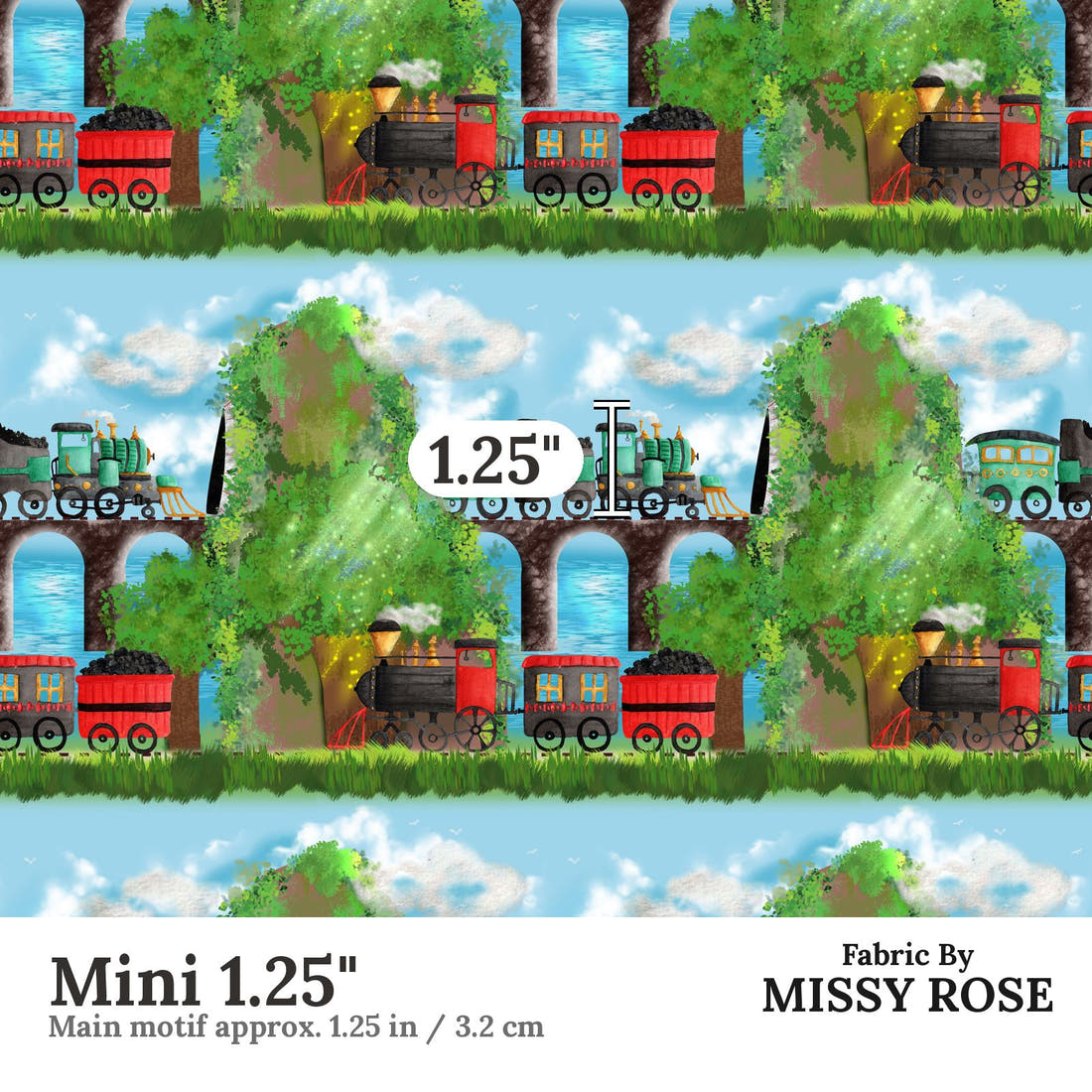 Design 251 Train Fabric Mini 1.25" - print scale | Fabric by Missy Rose
