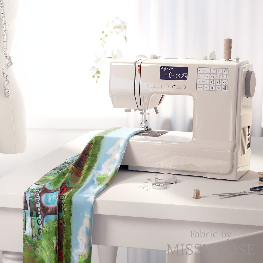 Design 251 Train Fabric on a sewing machine – premium fabric for sewing projects | Fabric by Missy Rose