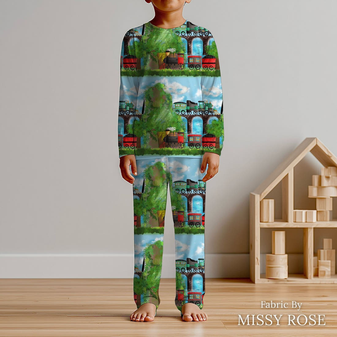 Design 251 Train Fabric sewn into kids' pyjamas – see how the print looks made up | Fabric by Missy Rose