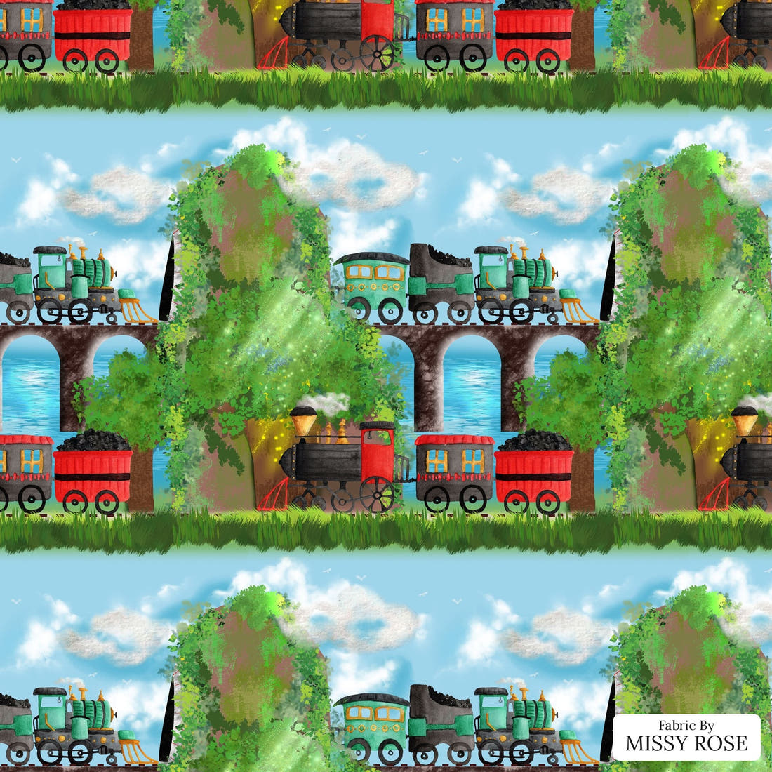 Design 251 Train Fabric - flat view of the print, zoom in for detail | Fabric by Missy Rose