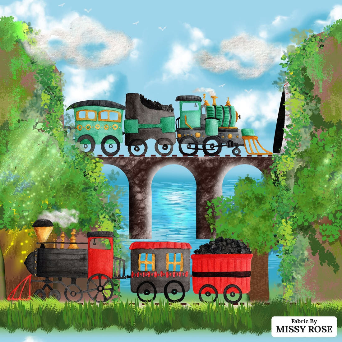 Design 251 Train Fabric - flat view of the print, zoom in for detail | Fabric by Missy Rose