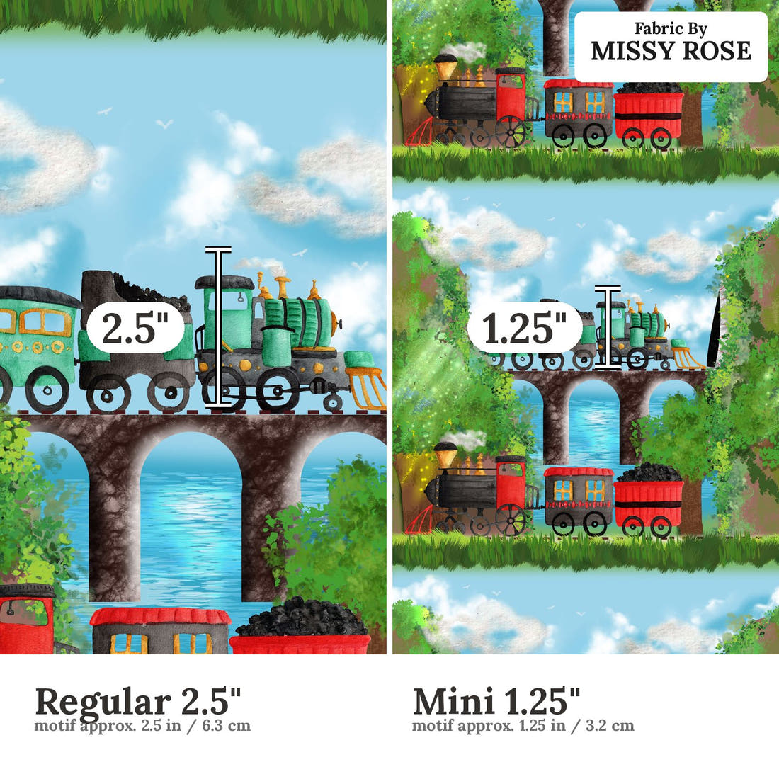 Design 251 Train Fabric size comparison - print scale | Fabric by Missy Rose
