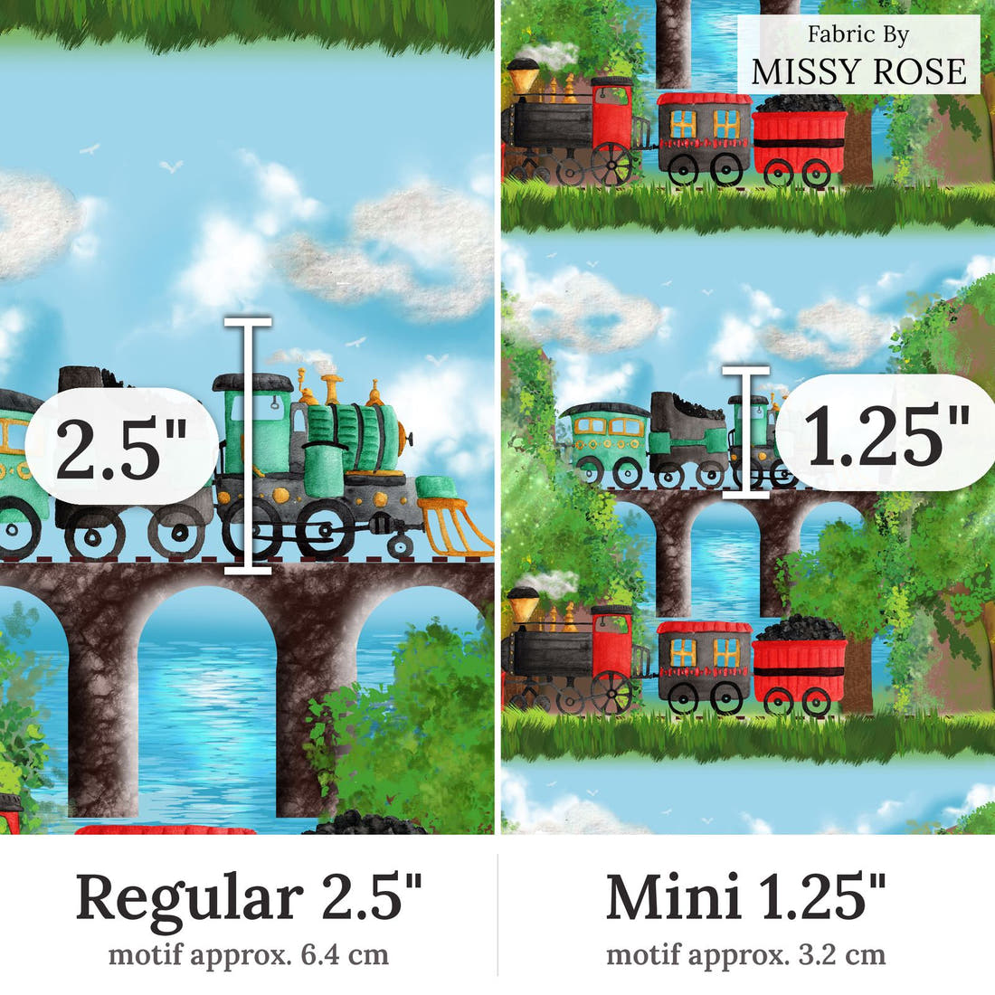 Design 251 Train Fabric Regular 2.5 inch vs Mini 1.25 inch print scale side by side | Fabric by Missy Rose