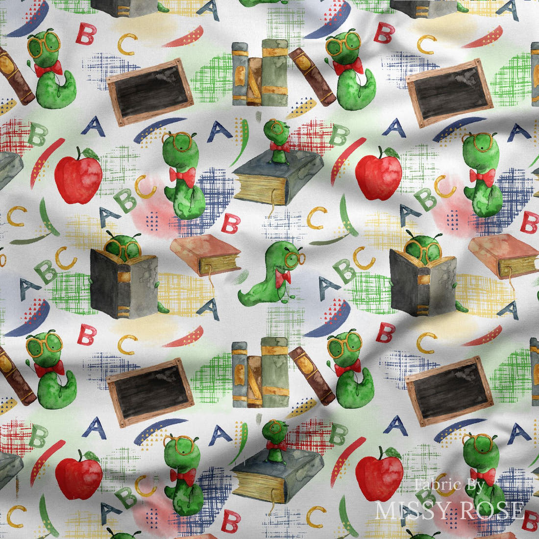 Design 252 Bookworm Fabric draped fabric mockup – custom printed fabric by the metre | Fabric by Missy Rose