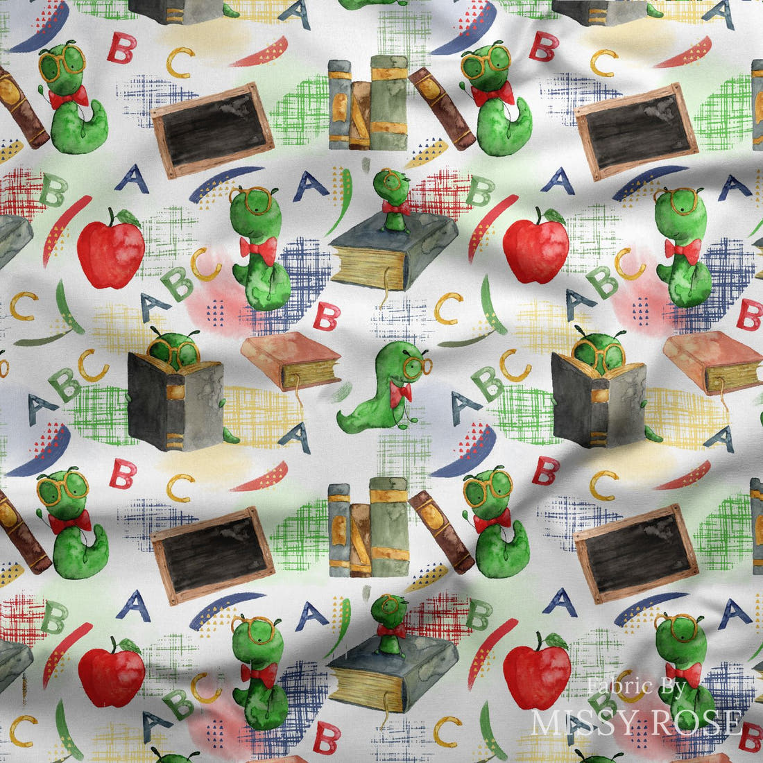 Design 252 Bookworm Fabric draped fabric mockup – custom printed fabric by the metre | Fabric by Missy Rose