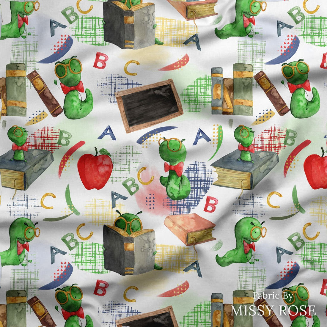 Design 252 Bookworm Fabric draped fabric mockup – custom printed fabric by the metre | Fabric by Missy Rose