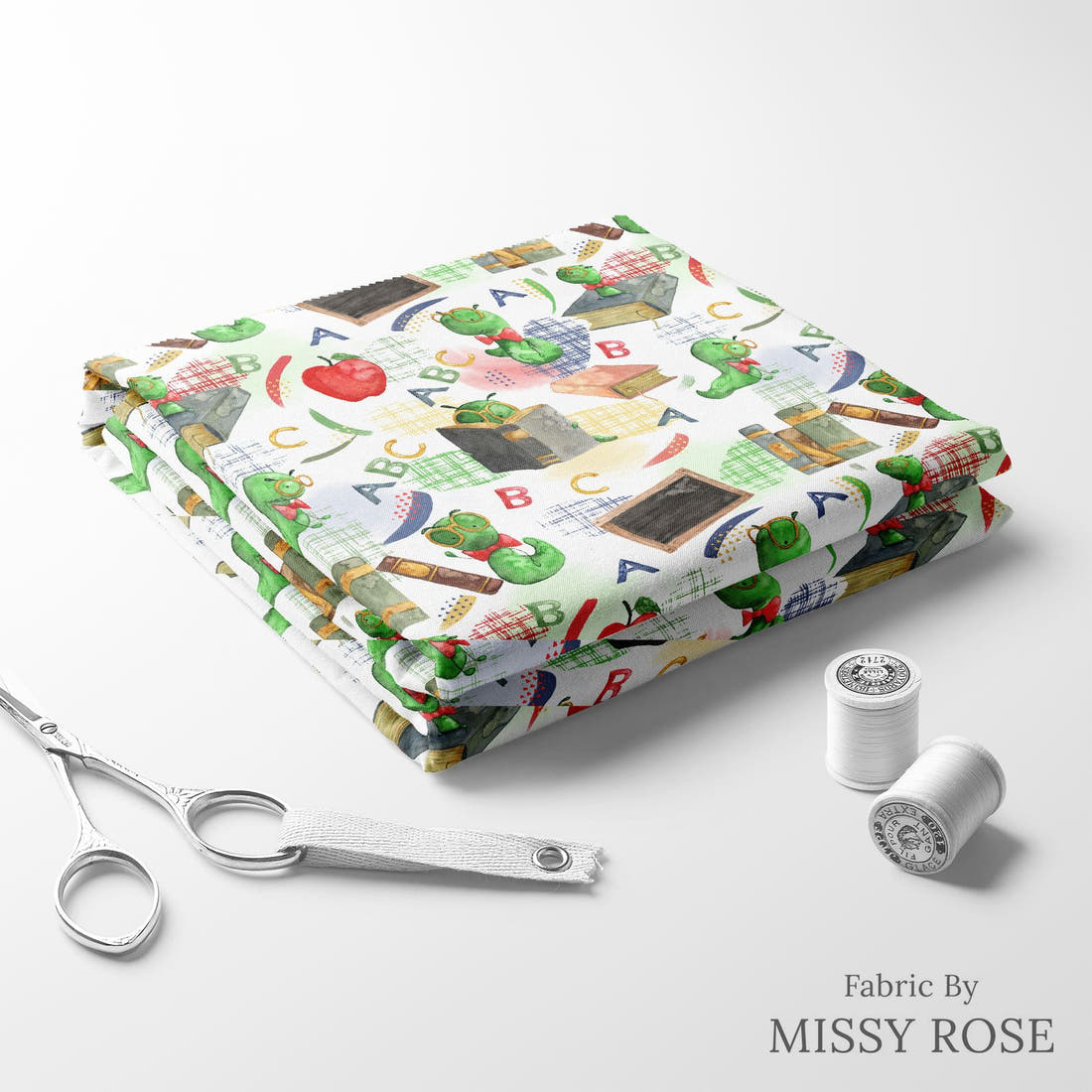 Design 252 Bookworm Fabric folded fabric stack with matching thread – pre-order fabric Australia | Fabric by Missy Rose