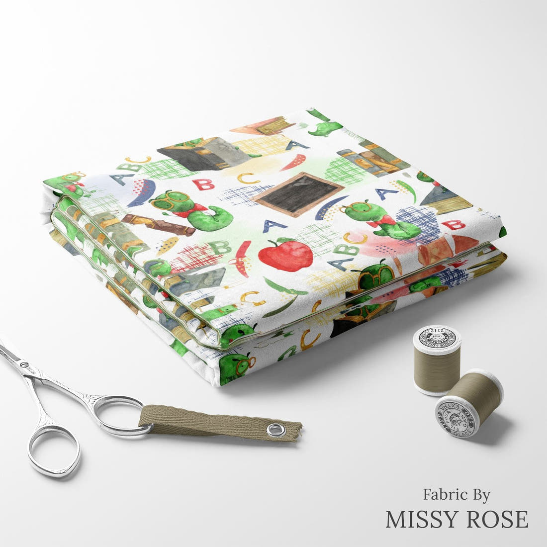 Design 252 Bookworm Fabric folded fabric stack with matching thread – pre-order fabric Australia | Fabric by Missy Rose