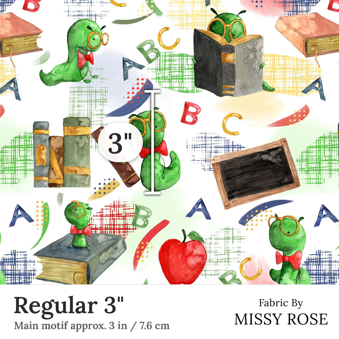Design 252 Bookworm Fabric Regular 3 inch print scale guide | Fabric by Missy Rose