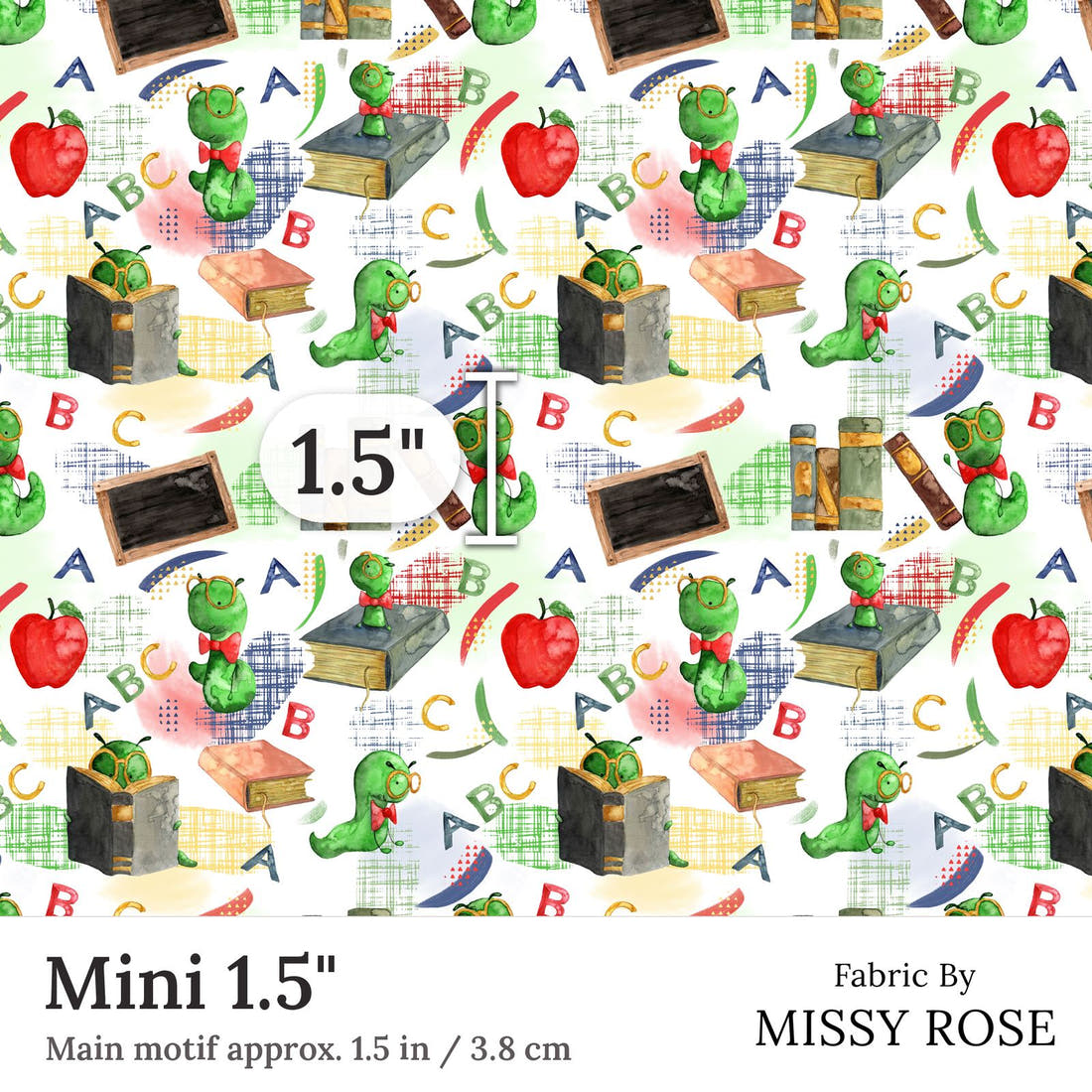 Design 252 Bookworm Fabric Mini 1.5 inch print scale guide | Fabric by Missy Rose