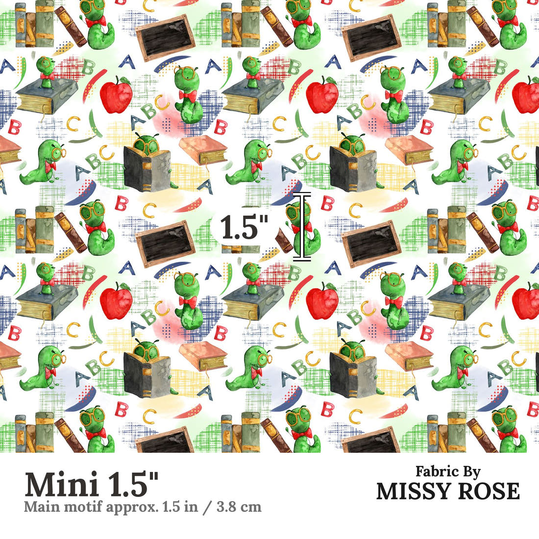 Design 252 Bookworm Fabric Mini 1.5" - print scale | Fabric by Missy Rose