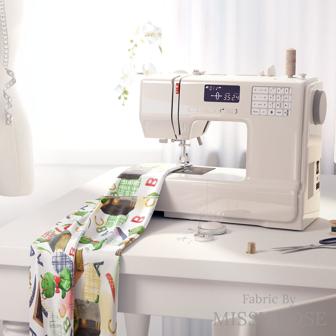 Design 252 Bookworm Fabric on a sewing machine – premium fabric for sewing projects | Fabric by Missy Rose