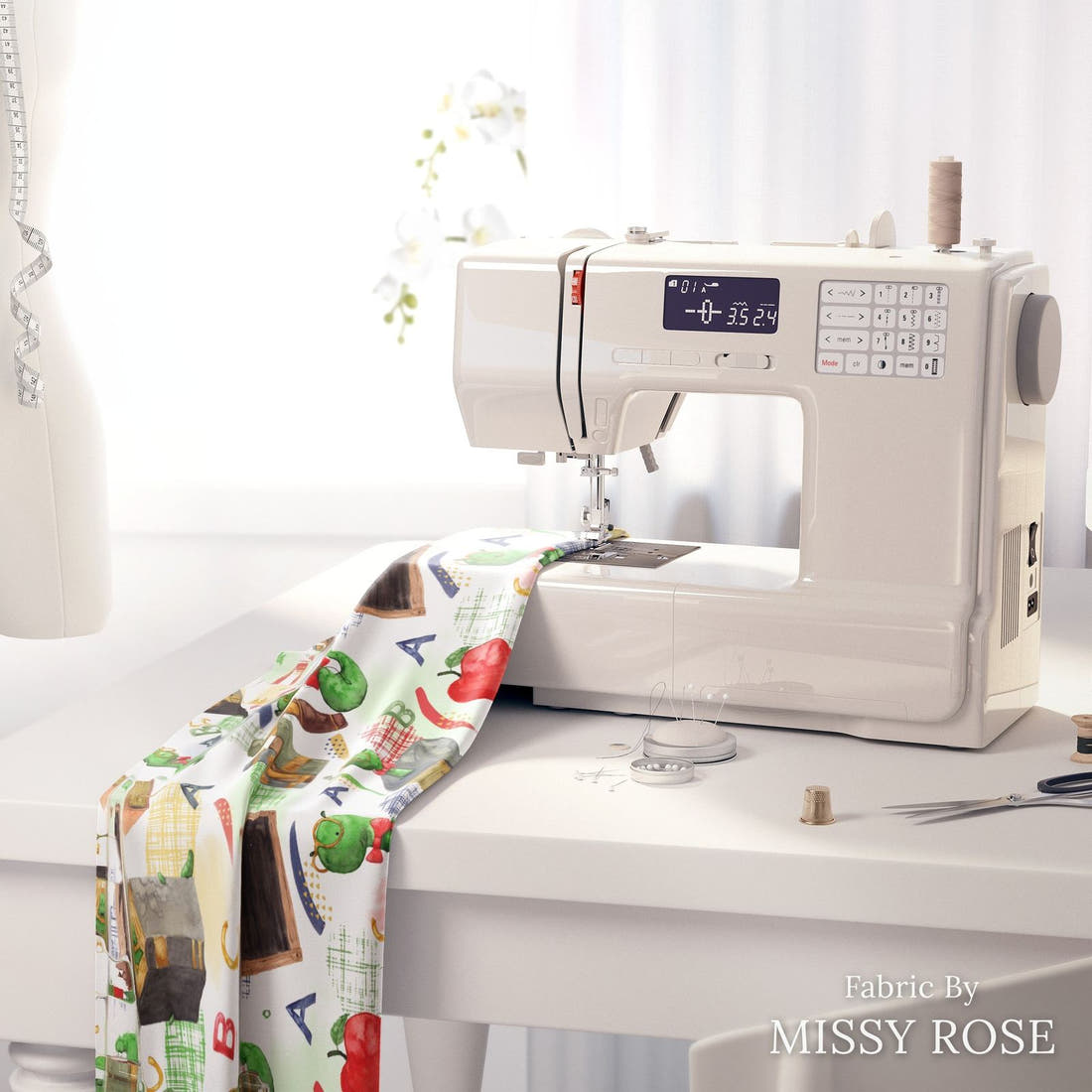 Design 252 Bookworm Fabric on a sewing machine – premium fabric for sewing projects | Fabric by Missy Rose