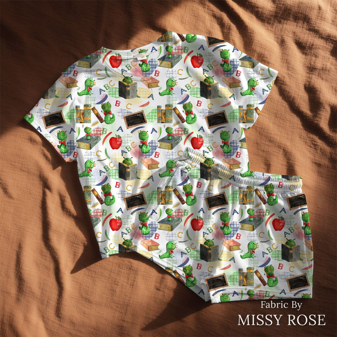 Design 252 Bookworm Fabric sewn into a lounge set – see how the print looks made up | Fabric by Missy Rose