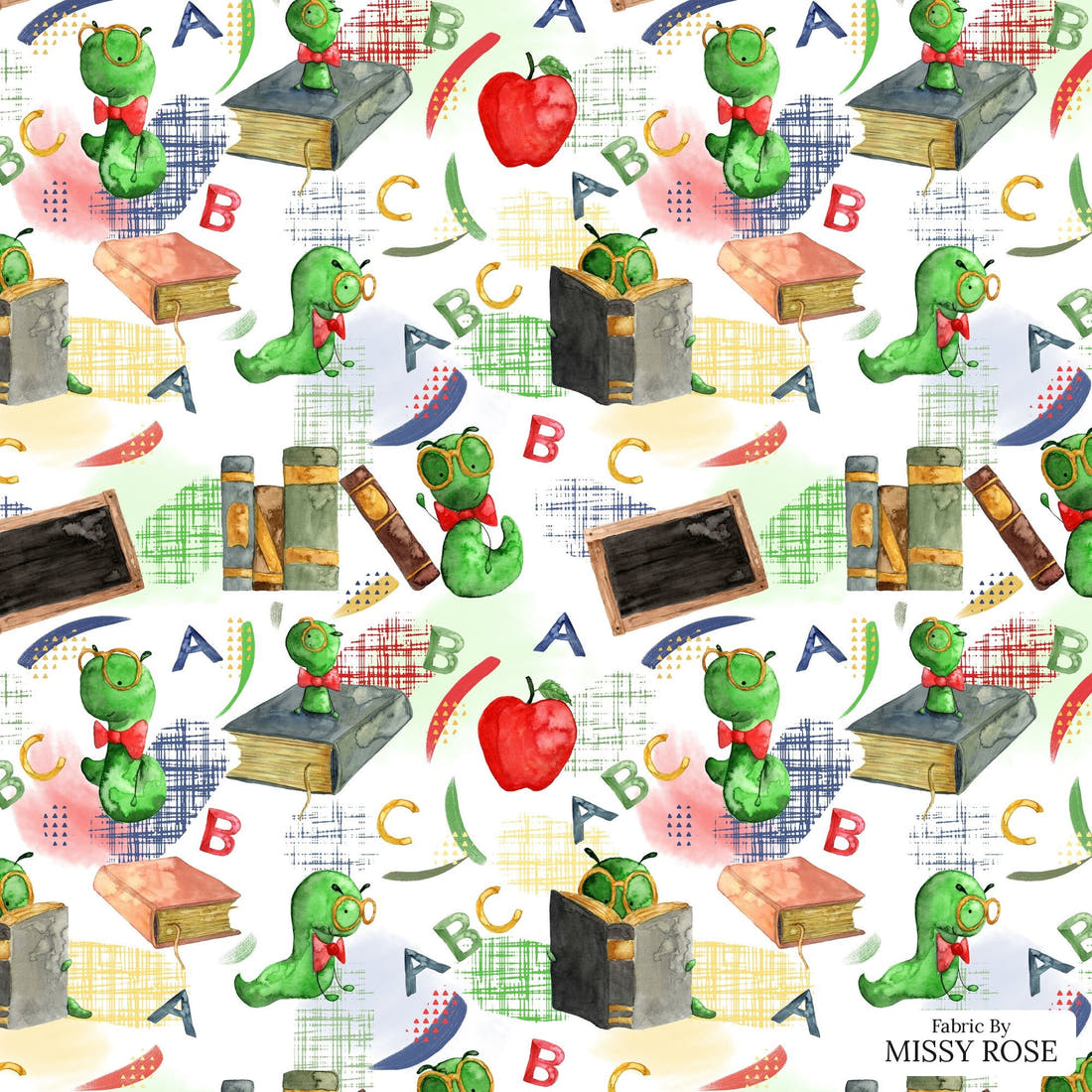 Design 252 Bookworm Fabric - flat view of the print, zoom in for detail | Fabric by Missy Rose