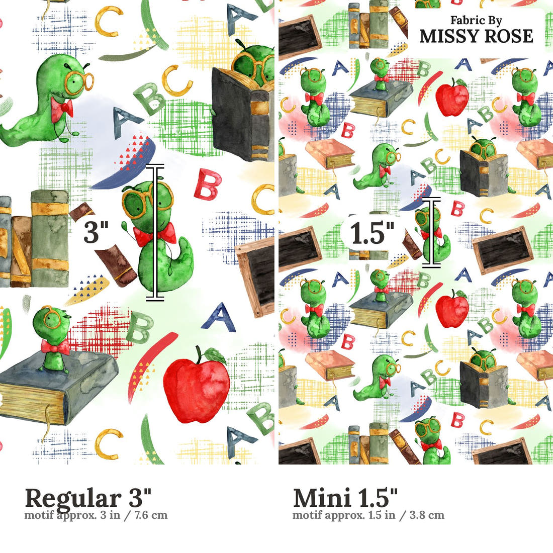 Design 252 Bookworm Fabric size comparison - print scale | Fabric by Missy Rose