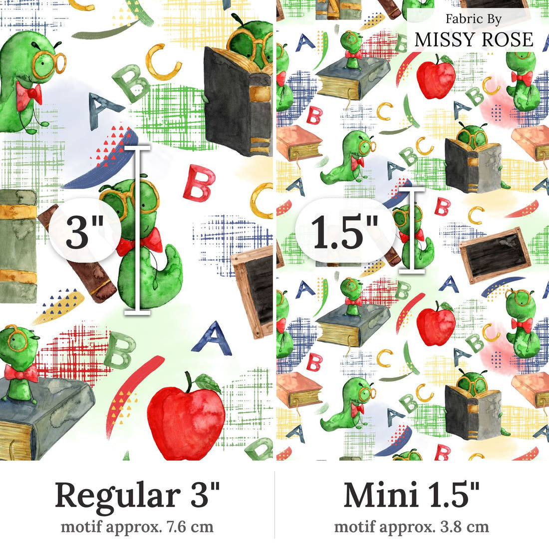 Design 252 Bookworm Fabric Regular 3 inch vs Mini 1.5 inch print scale side by side | Fabric by Missy Rose