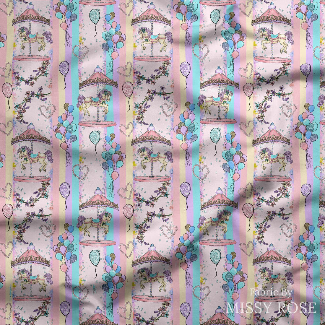 Design 253 Carousel Fabric draped fabric mockup – custom printed fabric by the metre | Fabric by Missy Rose
