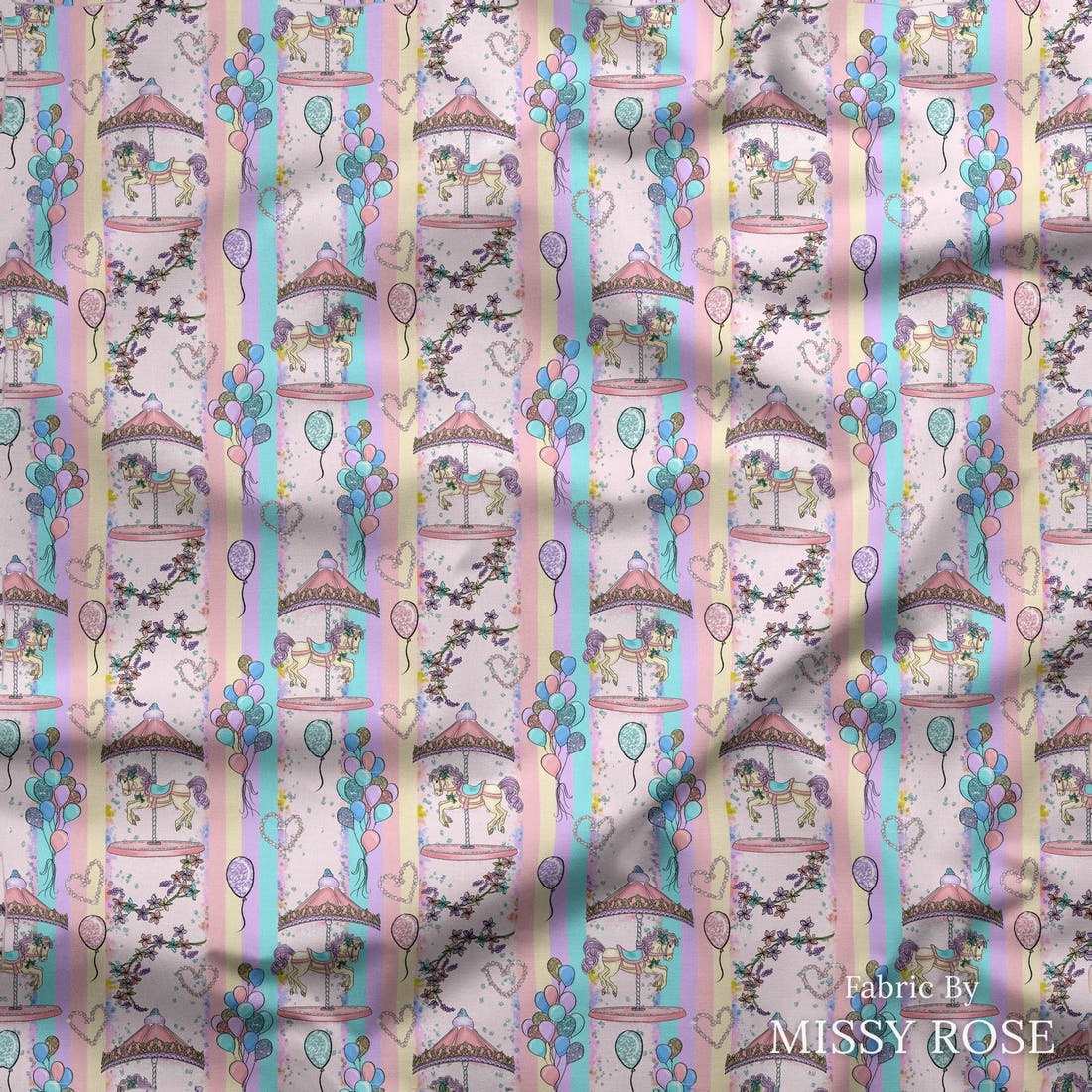 Design 253 Carousel Fabric draped fabric mockup – custom printed fabric by the metre | Fabric by Missy Rose