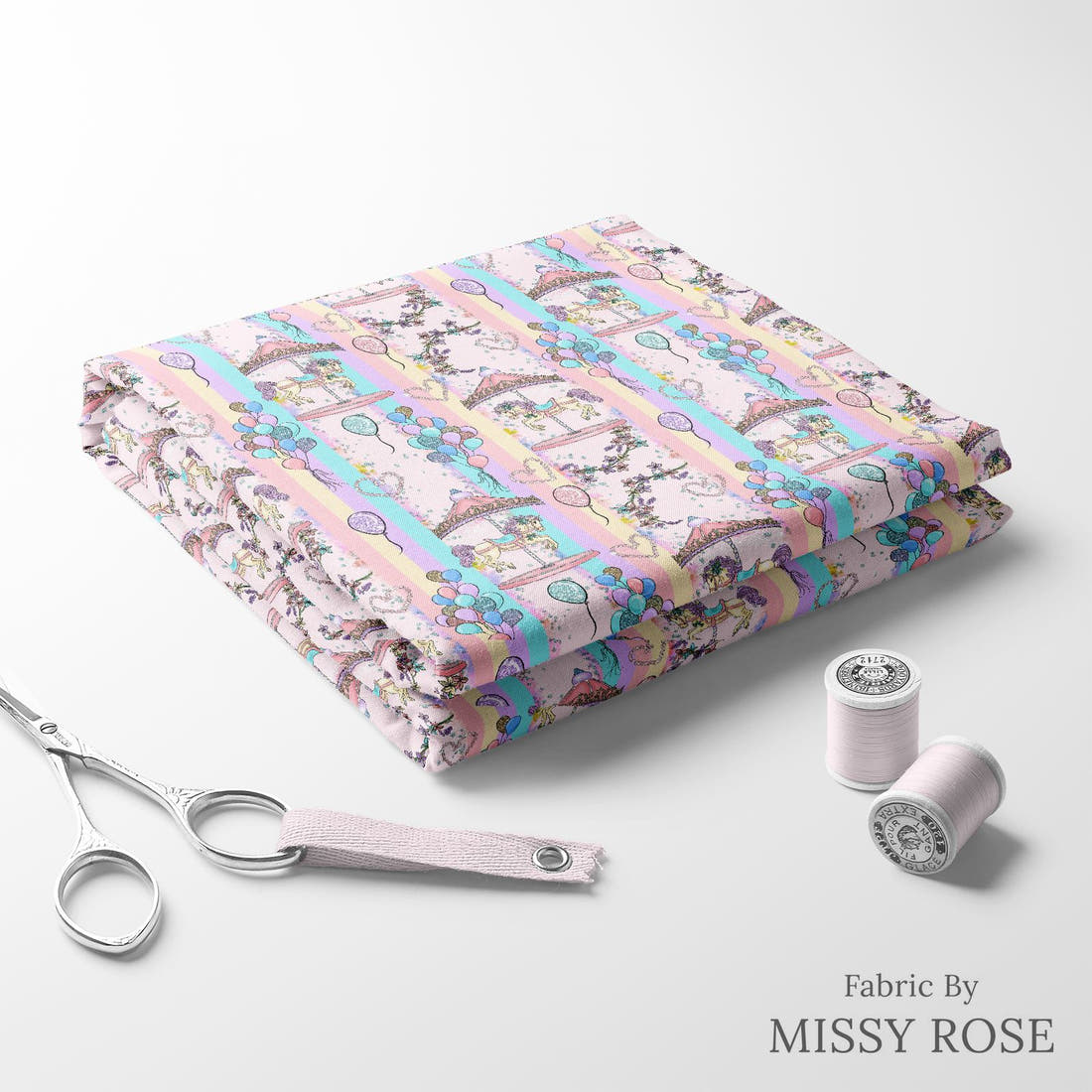 Design 253 Carousel Fabric folded fabric stack with matching thread – pre-order fabric Australia | Fabric by Missy Rose