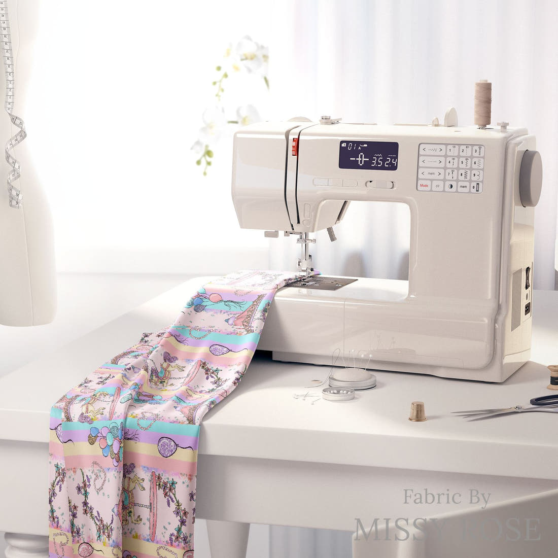 Design 253 Carousel Fabric on a sewing machine – premium fabric for sewing projects | Fabric by Missy Rose