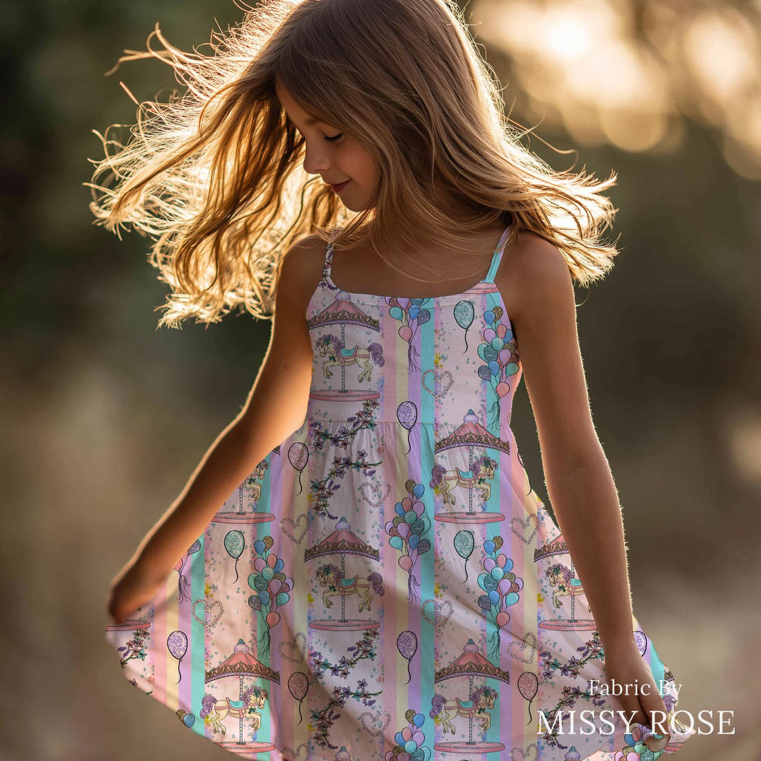 Design 253 Caroseoul Fabric sewn into a girls' dress - see how the print looks made up | Fabric by Missy Rose