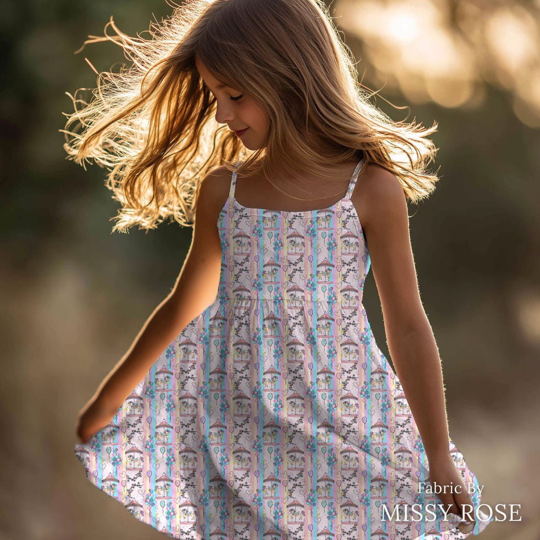 Design 253 Carousel Fabric sewn into a girls' dress – see how the print looks made up | Fabric by Missy Rose