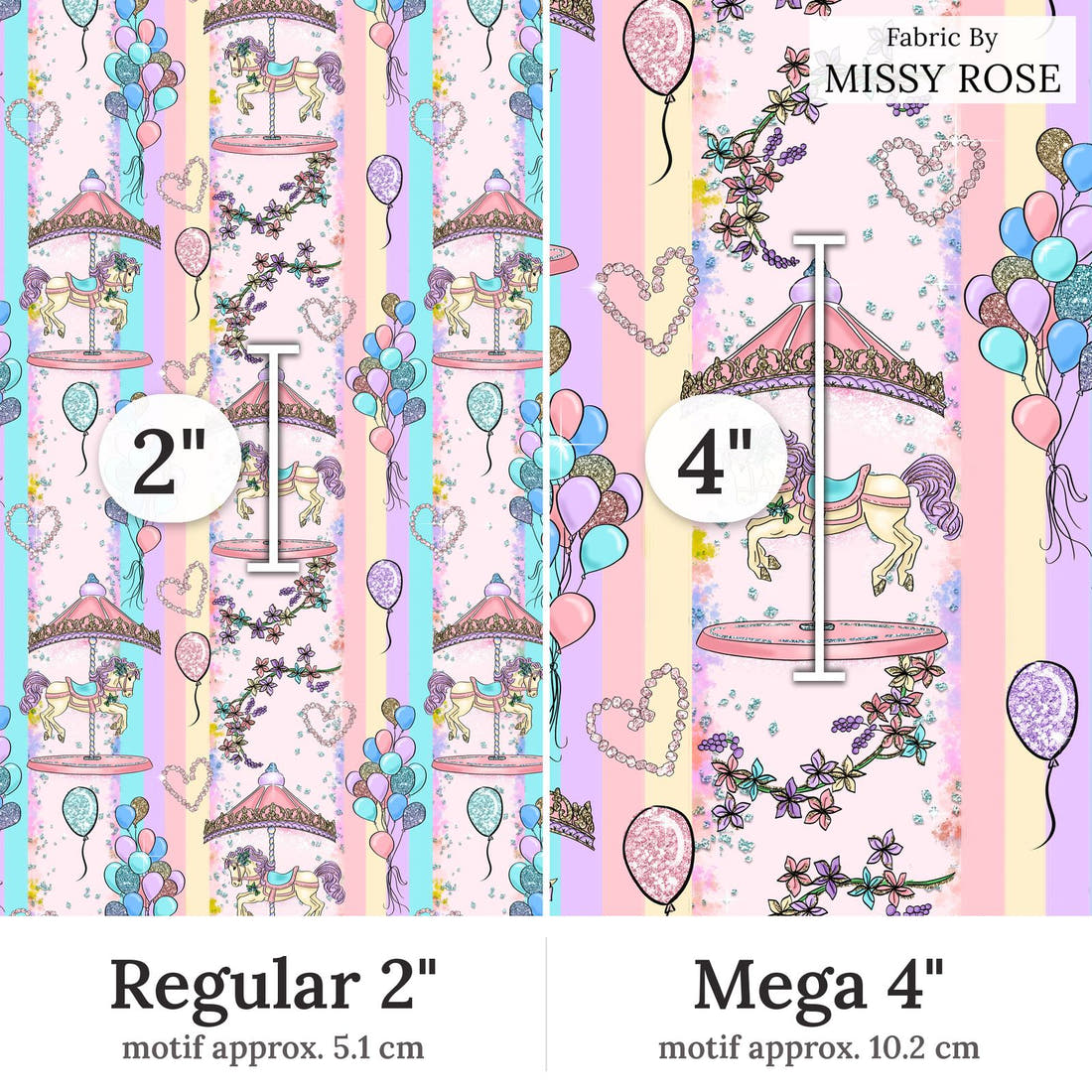 Design 253 Carousel Fabric Regular 2 inch vs Mega 4 inch print scale side by side | Fabric by Missy Rose