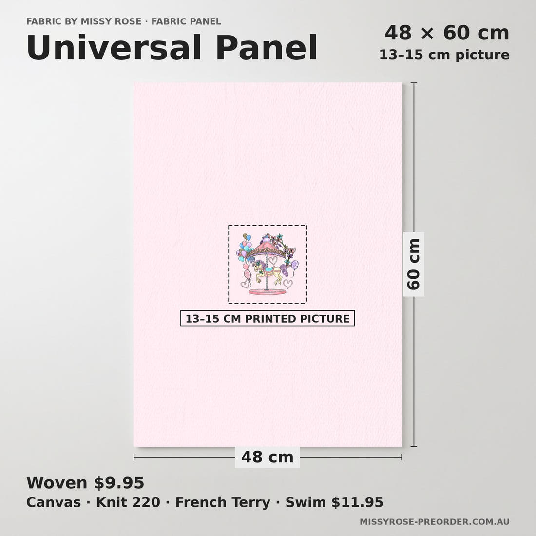 Design 253 Carousel Panel universal panel sizing – 13–15 cm printed picture on 48 × 60 cm fabric | Fabric by Missy Rose