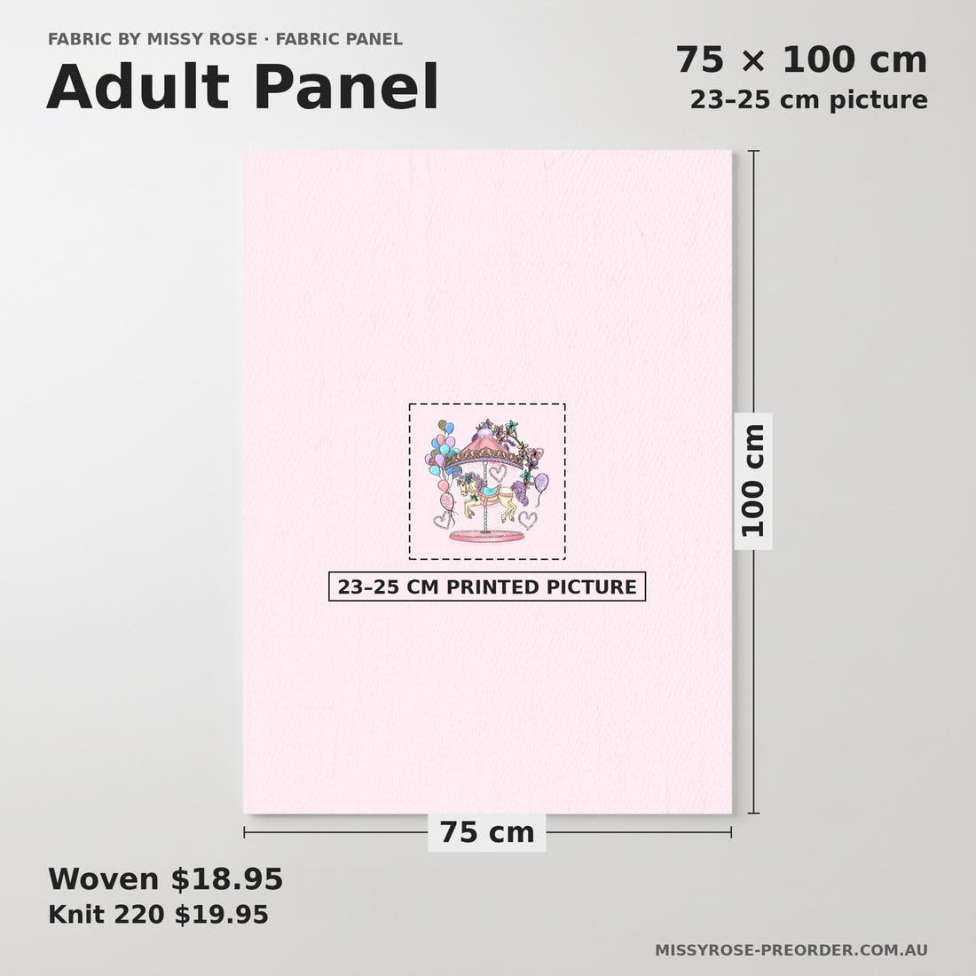 Design 253 Carousel Panel adult panel sizing – 23–25 cm printed picture on 75 × 100 cm fabric | Fabric by Missy Rose