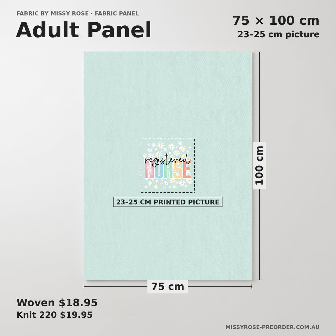 Design 254 RN Panel adult panel sizing – 23–25 cm printed picture on 75 × 100 cm fabric | Fabric by Missy Rose