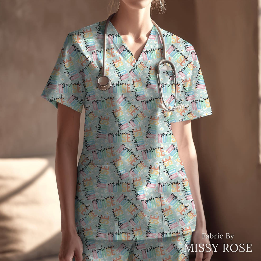 Design 254 RN Fabric sewn into a scrubs top – see how the print looks made up | Fabric by Missy Rose