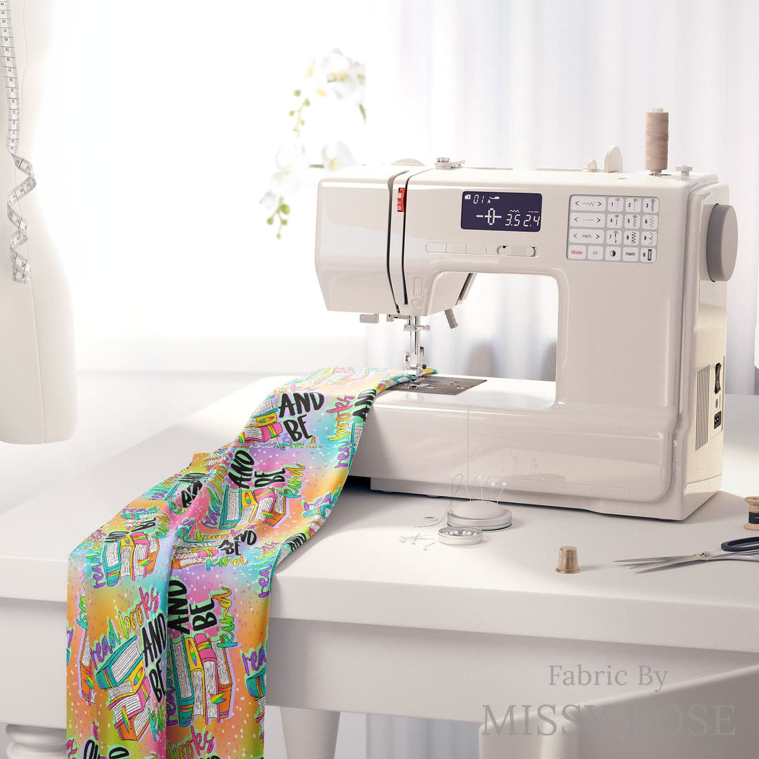 Design 255 Bright Books Fabric on a sewing machine – premium fabric for sewing projects | Fabric by Missy Rose